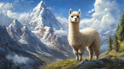 Obraz premium An alpaca in a picturesque mountain landscape