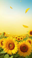 Vibrant sunflower field under a clear blue sky with yellow petals floating in the warm breeze. Vertical HD background.