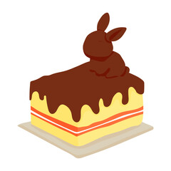 A chocolate cake with a rabbit on top. The rabbit is sleeping. The cake is on a white plate
