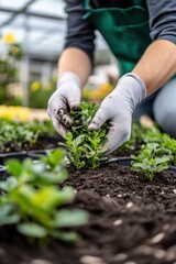 Closeup view of hands of gardener working in field planting flowers.