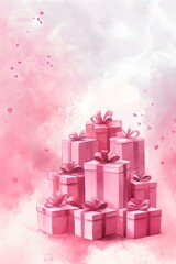 Watercolor birthday background with gift boxes. Greeting card with place for text	