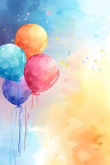 Watercolor birthday background with balloons. Greeting card with place for text