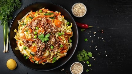 Crack slaw cabbage homemade concept. A vibrant bowl of stir-fried noodles topped with savory minced meat, fresh vegetables, and garnished with herbs, set against a dark background.