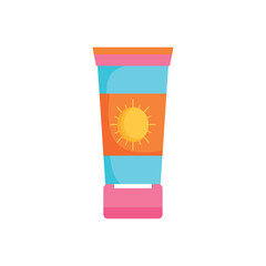 Vector illustration of a colorful sunscreen tube with a sun symbol, representing sun protection and summer skincare essentials