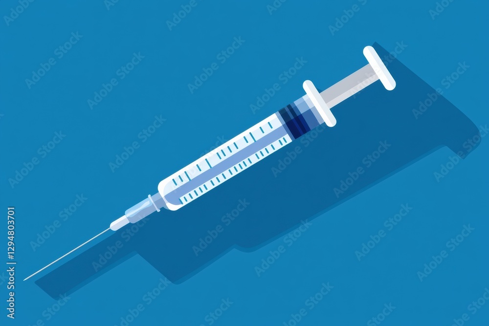 Poster Syringe rests on a blue surface showcasing its sharp needle and clear barrel with measurement markings. Generative AI