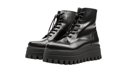 Stylish Black Leather Platform Boots for Fashion Editorial E commerce and Lifestyle Blogs, Black women combat boots on high heel platform with lug soles, black shoes