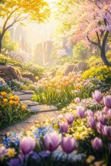 Fototapeta premium Beautiful garden with colorful flowers.