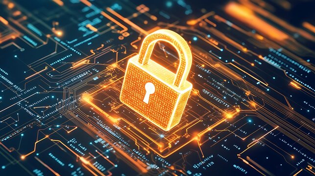 A glowing padlock icon surrounded by binary code streams and digital circuit patterns, symbolizing advanced encryption.