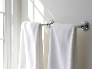 White clean fresh towels hanging on a hanger on a white wall