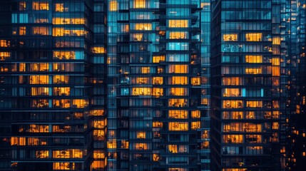 Illuminated windows of modern urban high-rise buildings at night