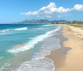 A beautiful beach with a mountain range in the background