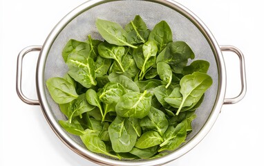 Fresh Spinach Leaves in Metal Colander Top View