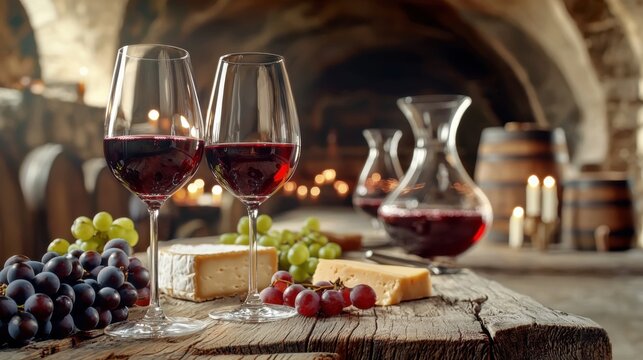 Elegant wine tasting setup in a candlelit cellar with gourmet food and fine wine glasses