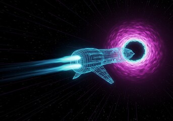 Spaceship Flying Through Wormhole with Glowing Lights and Space Backdrop