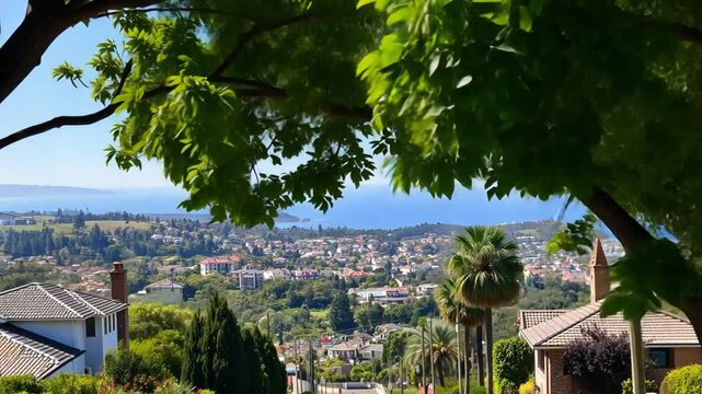 A scenic hilltop view of a European town with lush greenery and blue skies in the background.
