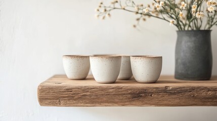 A wooden shelf with four white cups and a gray vase of flowers.
