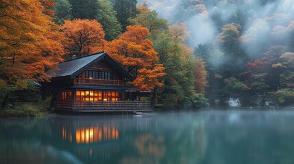 Fototapeta premium Serene lakeside cabin in misty autumn forest with vibrant foliage reflections