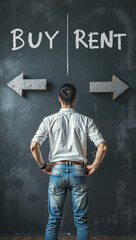 Young Man Contemplating Financial Choices: Standing Before a Blackboard with "BUY" and "RENT" Options, Illustrating Decision-Making – Ideal for Marketing Financial and Legal Services