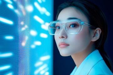 Futuristic woman wearing cyber glasses, looking at glowing digital screen. Modern technology and artificial intelligence merge in an advanced world. The blue neon light reflects high-tech innovation.
