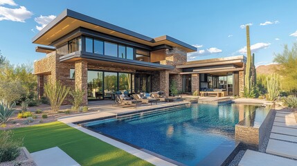 Fototapeta premium Modern luxury desert home with pool and cacti landscape