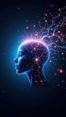 Visual representation of artificial general intelligence with a human brain emitting electric energy and data processing symbols.