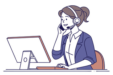 Female Support Agent Taking Calls with Headset &ndash; Vector Artwork