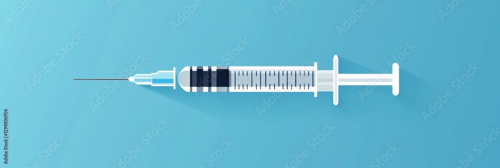 Poster syringe placed on a smooth blue surface showcasing its design and structure with focus on the needle