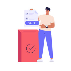 Online Voting and Election Campaign. Man Voting with Vote Box and Calling for Vote. Concept of Election Day, Making Choice, Balloting Paper, Democracy. Vector illustration for UI, mobile app