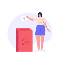 Online Voting and Election Campaign. Woman Voting with Vote Box and Calling for Vote. Concept of Election Day, Making Choice, Balloting Paper, Democracy. Vector illustration for UI, mobile app