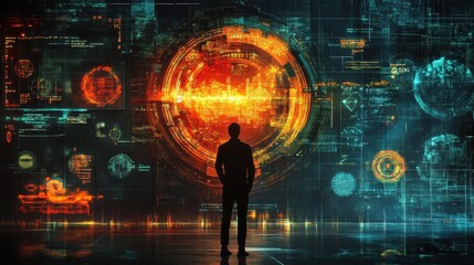 Fototapeta premium Silhouette of male adult facing futuristic digital interface with virtual screens and data