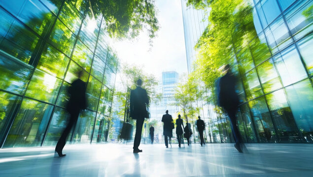 The concept of sustainability in business centers, crowds of business people walking at a corporate office in a green city downtown, abstract motion blur image with blurred background, generative AI 
