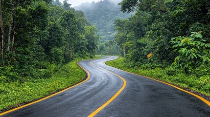 Fototapeta premium Winding road, jungle, rain, mountains, travel, adventure, scenic, asphalt, curve, tourism