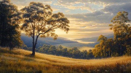 Obraz premium Golden sunrise over rolling hills with lush trees and meadows