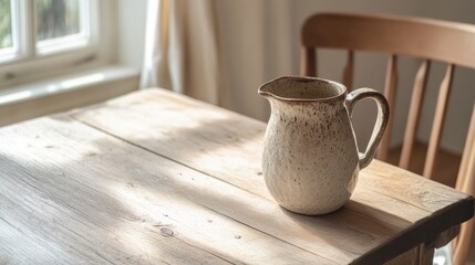 A white ceramic pitcher with brown speckles sits on a wooden table.