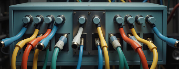 Fototapeta premium Telecommunications infrastructure with multi-colored cables connected to control panel 