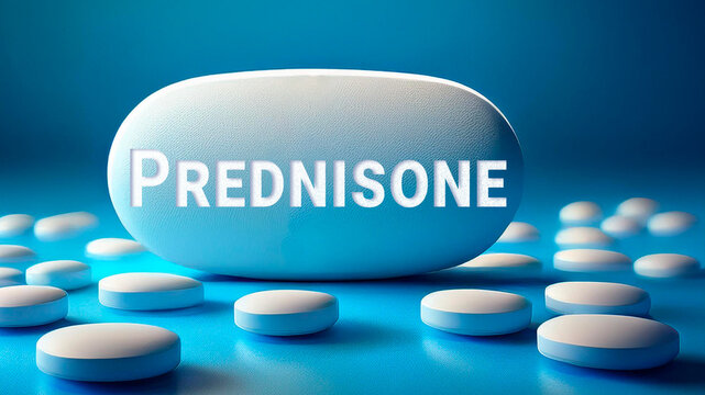Prednisone pill with the name printed on it, blue background	