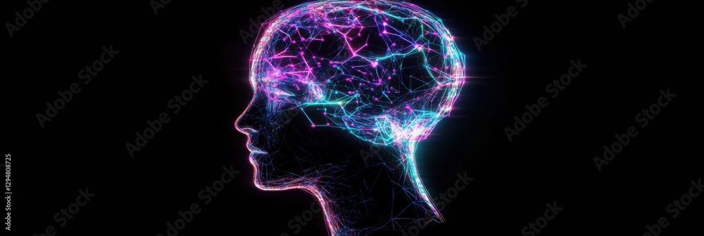 Aufkleber Silhouette of a human head filled with glowing AI nodes and digital fractals in a cosmic cyberpunk environment at night. Generative AI