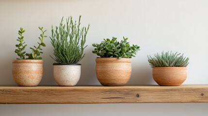Fototapeta premium Four potted plants of different sizes and colors arranged on a wooden shelf.