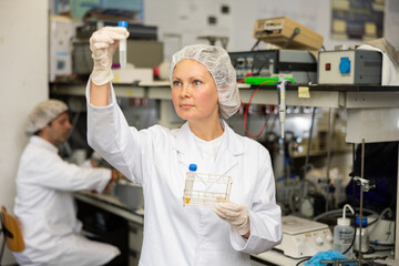 Woman lab technician working with reagents in test tubes during chemical experiment