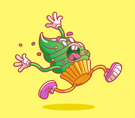 Cupcake on the run: fun and creative bakery design.  Modern flat style thin line vector illustration isolated on yellow background.