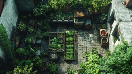 Lush urban courtyard garden with raised beds and diverse greenery