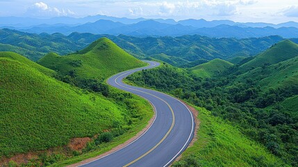 Fototapeta premium Winding road through green hills, mountain backdrop, travel poster