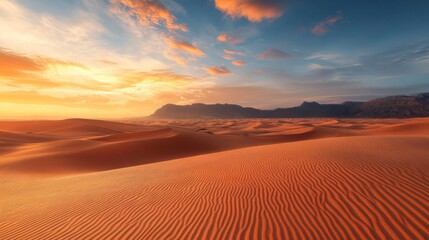 Orange Sand Dunes at Sunset with Distant Mountains