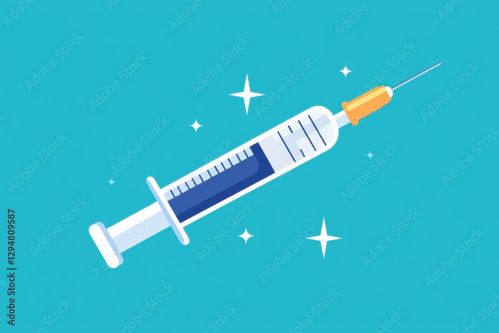 Poster syringe filled with liquid against a bright blue background with sparkle effects. generative ai