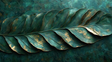 Fototapeta premium Stunning artistic leaf with gold accents on textured green background