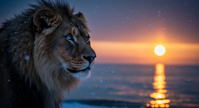 Majestic Lion on Snowy Beach at Sunset: A Serene Winter Scene - Powered by Adobe