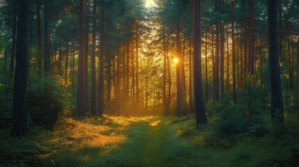 Obraz premium Sunlit forest path with tall trees and vibrant greenery
