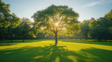 Obraz premium Sunlit tree in lush green park with long shadows and bright blue sky