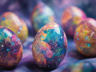 Vibrant galaxy patterned Easter eggs elegantly arranged on a soft background