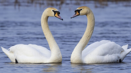 Fototapeta premium Romantic white swans forming a heart shape on a calm lake at sunrise, symbolizing love, unity, and tranquility, with soft mist and gentle water reflections in a peaceful nature setting.